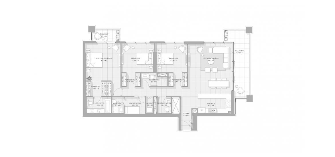 Планировка «3BR TYPE 02» 3 спальни в ЖК BLUEWATERS BAY