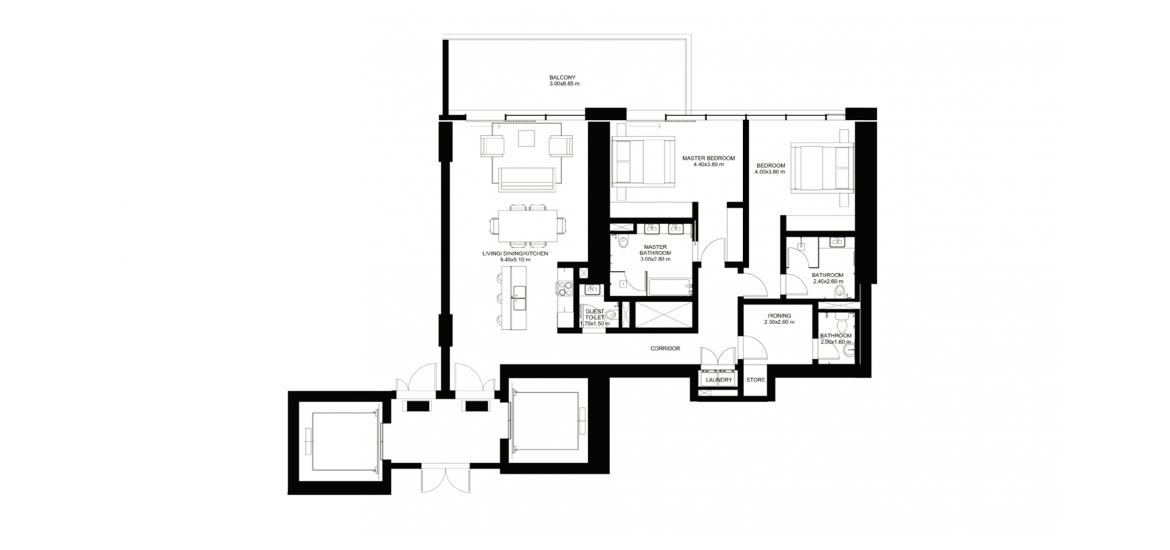 Floor plan «B», 2 bedrooms in 1/JBR